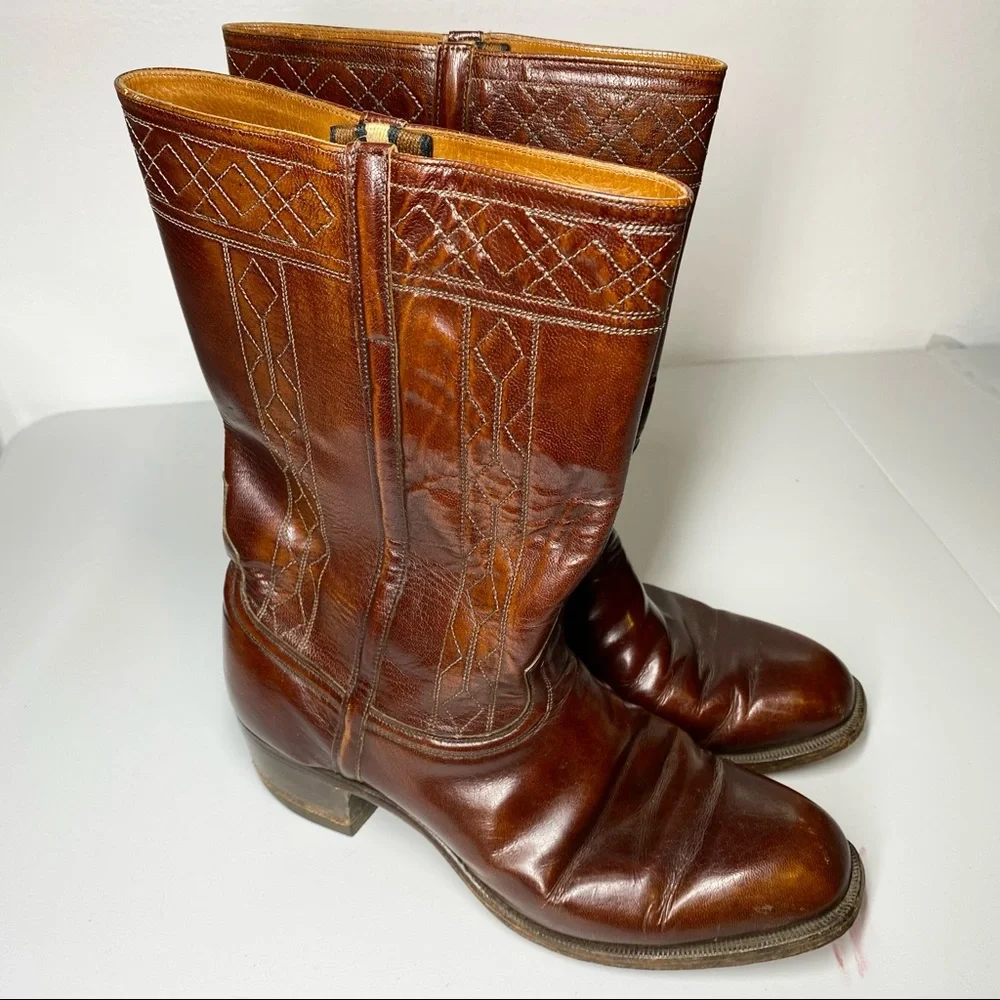 VINTAGE Johnston & Murphy Stovepipe Leather Cowboy Western Work Boots 8.5 Wide - Picture 1 of 9